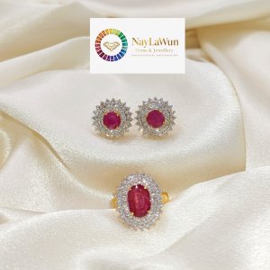 Mogok Natural Ruby Stone Good Quality Pure White Diamond Earrings and Ring