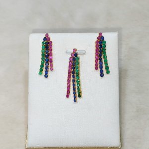 Newly released Mogok natural ruby, sapphire and Zambian emerald three-color pendant earrings